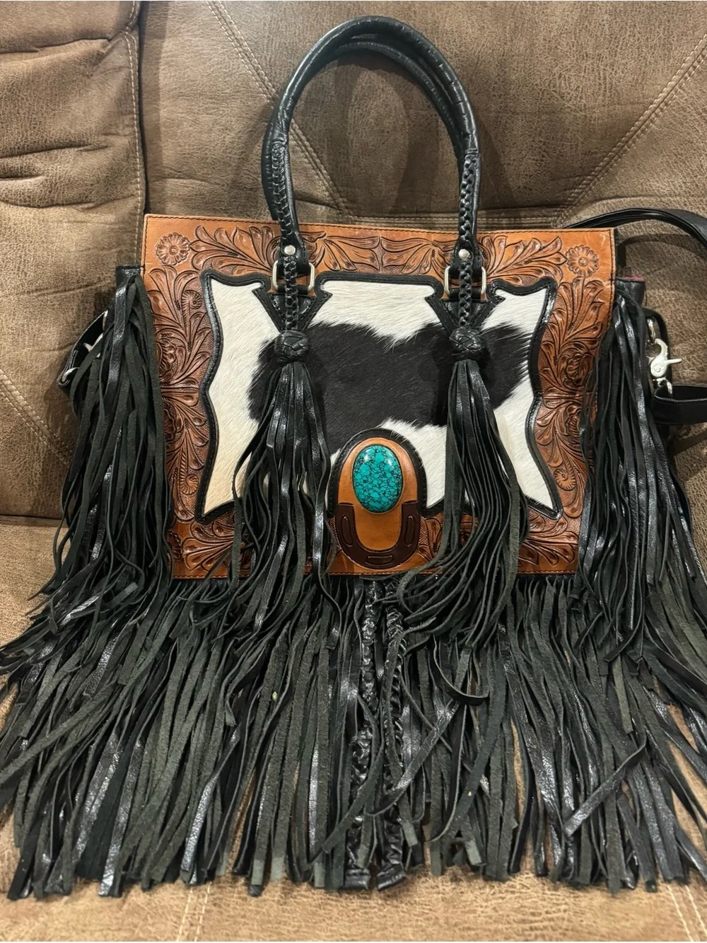 Fringed Western Leather Tote with Turquoise Accent - Black & Brown